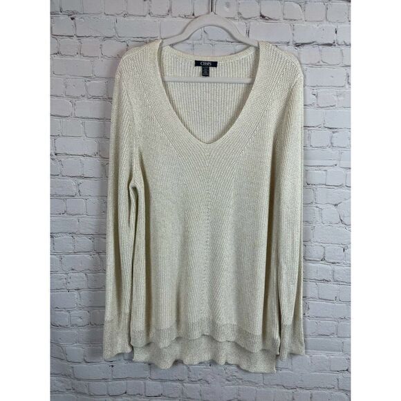 CHAPS white cream gold knit V-neck high-low sweater pullover top viscose size XL - Picture 1 of 8
